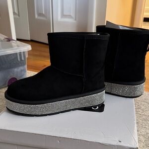 Black Suede Ankle Boots with Rhinestone Accents